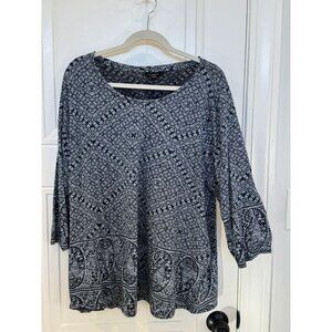 Lucky Brand 3xl 3/4 Length Sleeve Scoop Neck T-Shirt EUC Blue Boho Paisley